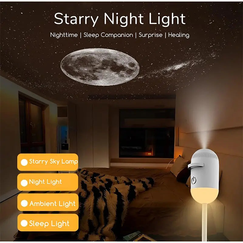 White cylindrical floor night light projecting a starry sky and moon onto the ceiling as an atmosphere lamp.