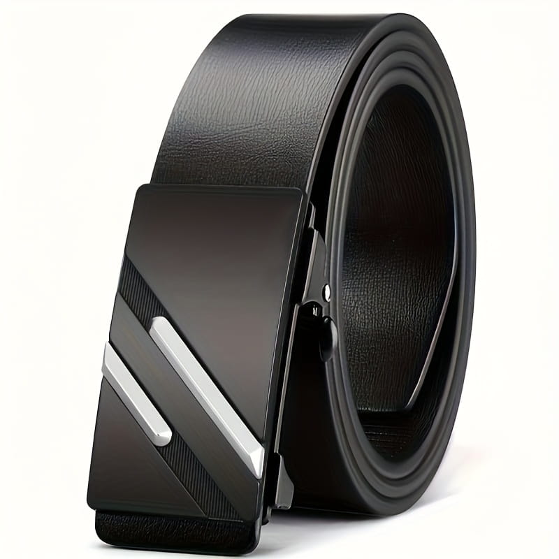 Black leather men automatic buckle synthetic leather belt with a sleek modern buckle featuring two silver diagonal stripes.