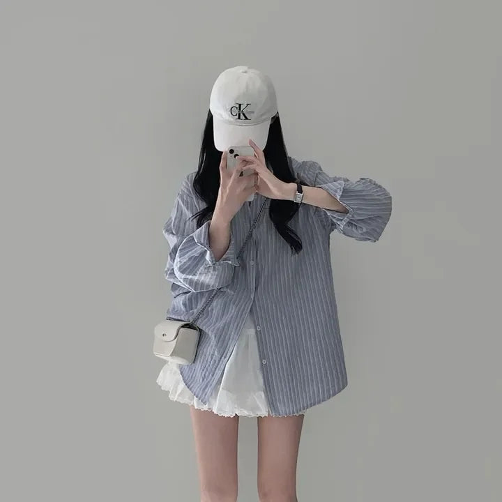 Spring Autumn Versatile Loose Striped Long Sleeve Shirt Top Women's Fashion Loose Fit Stripe Patterned Versatile Shirt