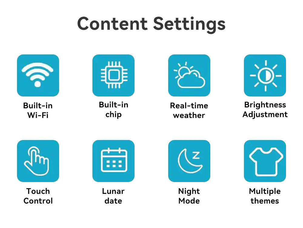blue square icons with white line art illustrating smart device features such as wi-fi, chip, weather, brightness adjustment, touch control, lunar date, night mode, and multiple themes for a wifi weather clock wireless charger desk stand.