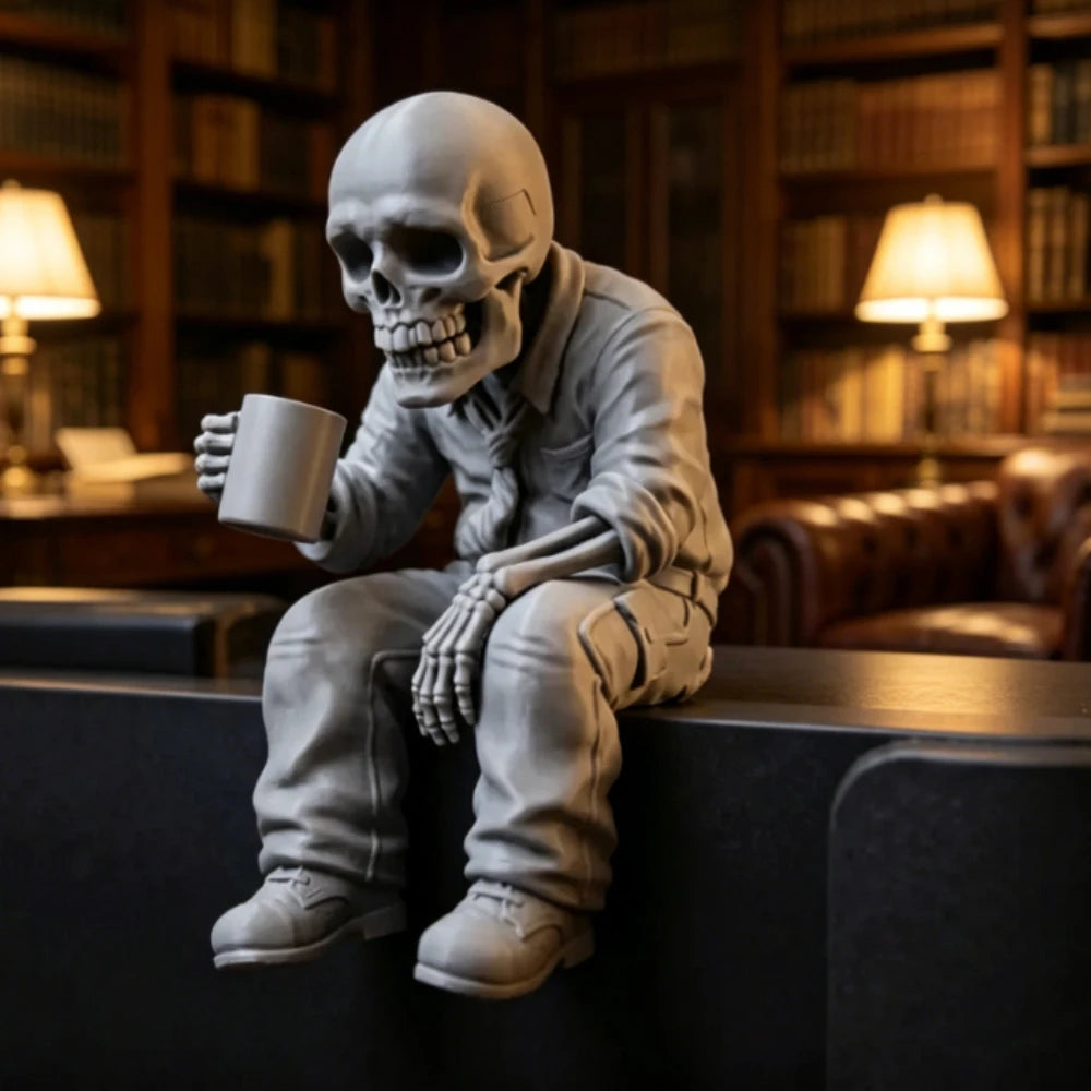 Seated Eerie Office Worker Skeleton Figurine 3D Printed Coffee Drinking Skull Desk Ornament for Humorous Home Office Decor Gifts
