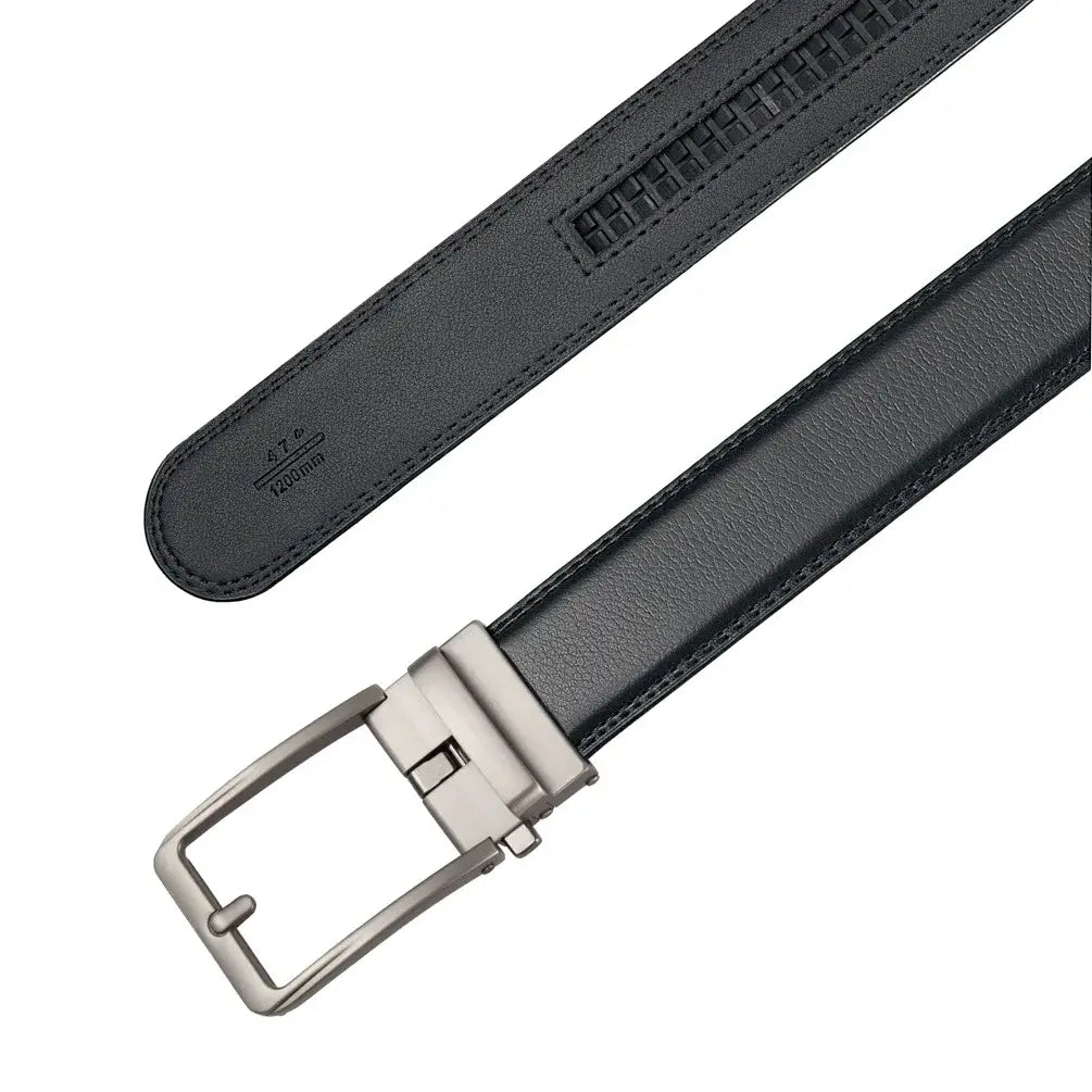 Black leather automatic buckle belt for men featuring a silver-toned buckle and subtle textured stitching.