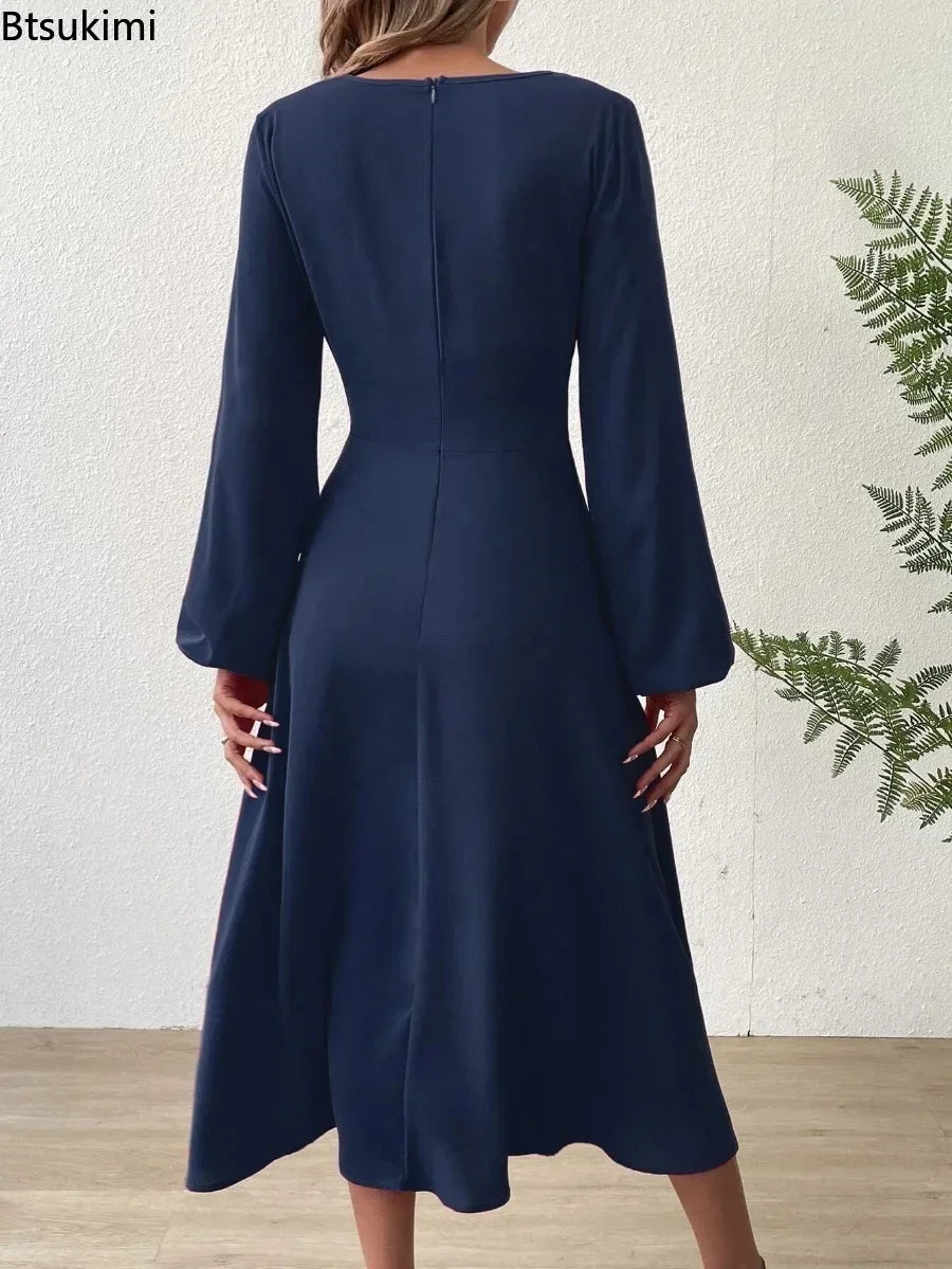 Women's Autumn Winter Dresses Sexy Elegant Long Skirt French V-neck Temperament Commuter A-line High-waisted Dress Evening Gown