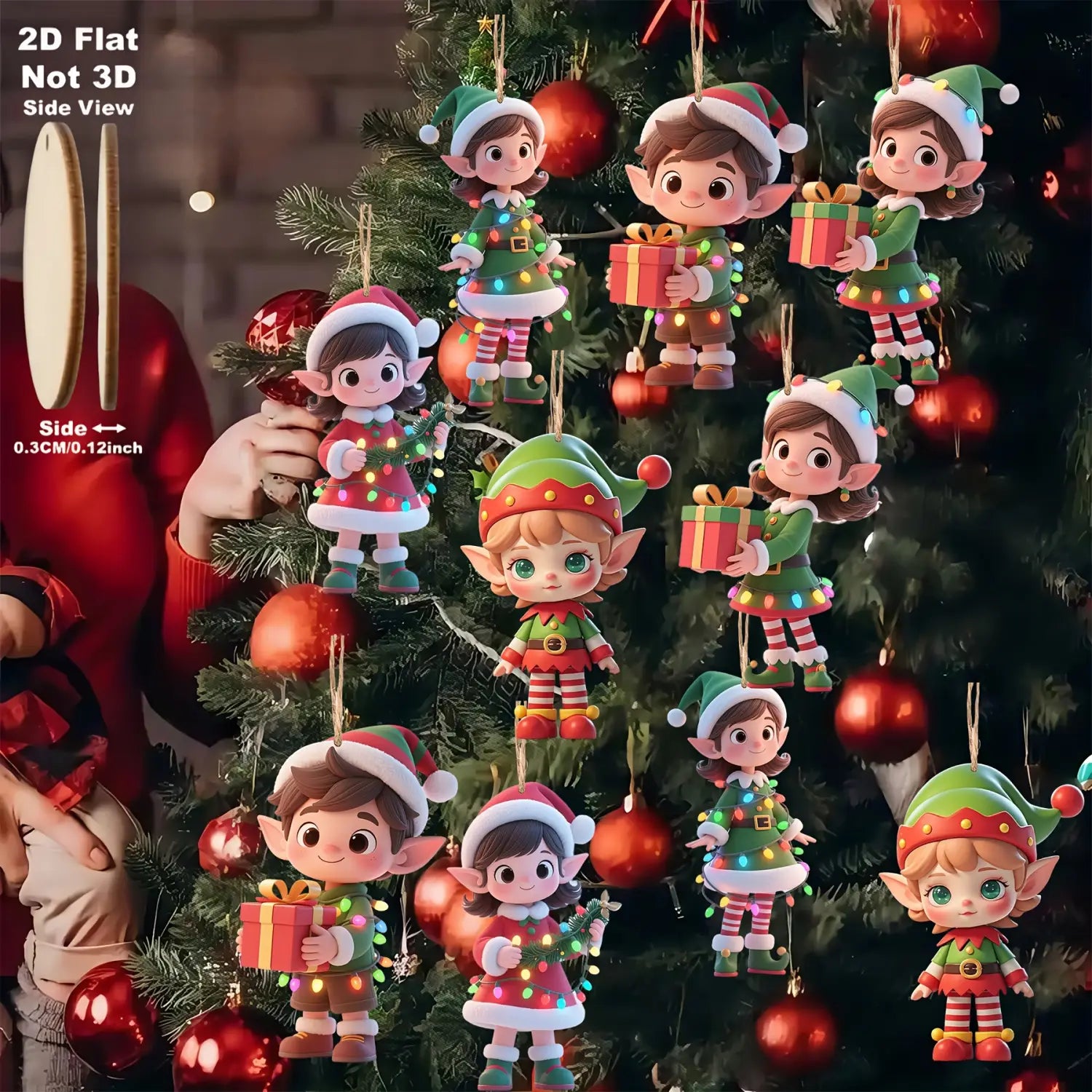Adornos de árbol de Navidad de duende de madera, pack de 10, con diseños adorables en verde y rojo con luces LED luminosas.