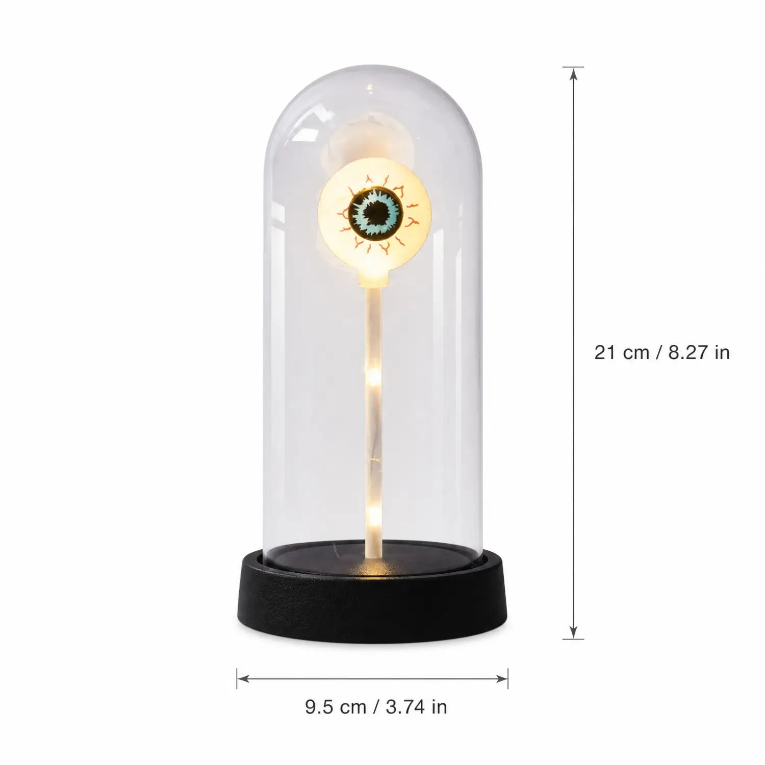A glowing eyeball lamp with a blue iris and gold detailing encased in a clear glass dome on a black base perfect for halloween lights decorations.