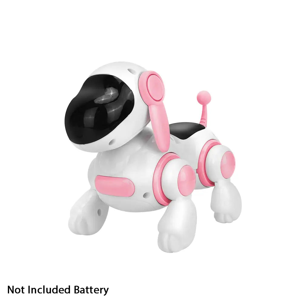 interactive robotic dog toy with lights and music featuring a white and pink plastic body and black visor designed as an engaging toys type for children.