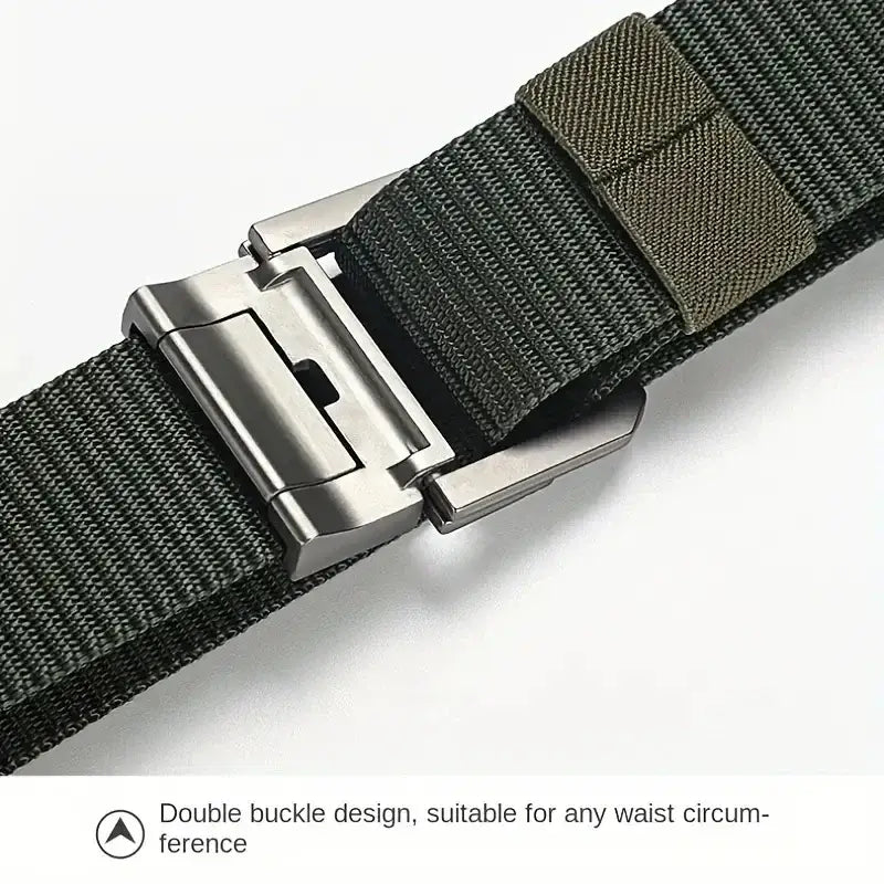 dark green woven nylon canvas web belt featuring a sleek silver-toned double automatic metal buckle for unisex use