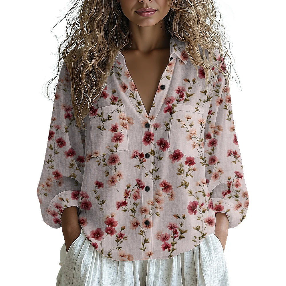 Chic Black Floral Printed Shirt for Women Minimalist Long Sleeve Button Up All-Over Black Blossom Print Two Pockets Relaxed Fit