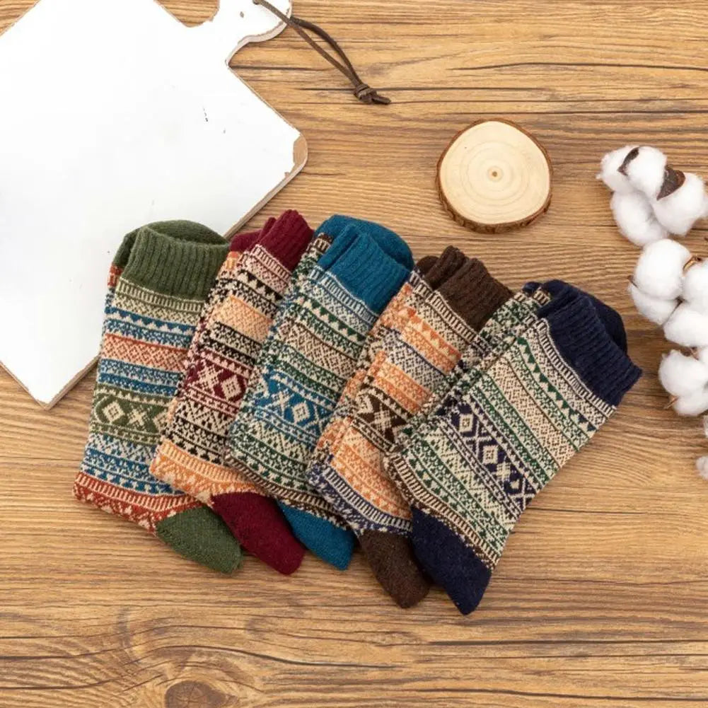 five pairs of men retro cotton crew socks in mid-high tube style featuring cozy knit patterns in earthy tones and vibrant hues including teal perfect for fashion trend and thermal wear