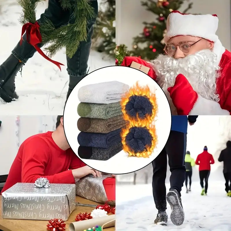 Un lot de chaussettes d’hiver thermiques pour hommes, dans des tons terreux assortis, fabriquées en laine épaisse avec une doublure intérieure noire, moelleuse, conçue pour apporter de la chaleur.