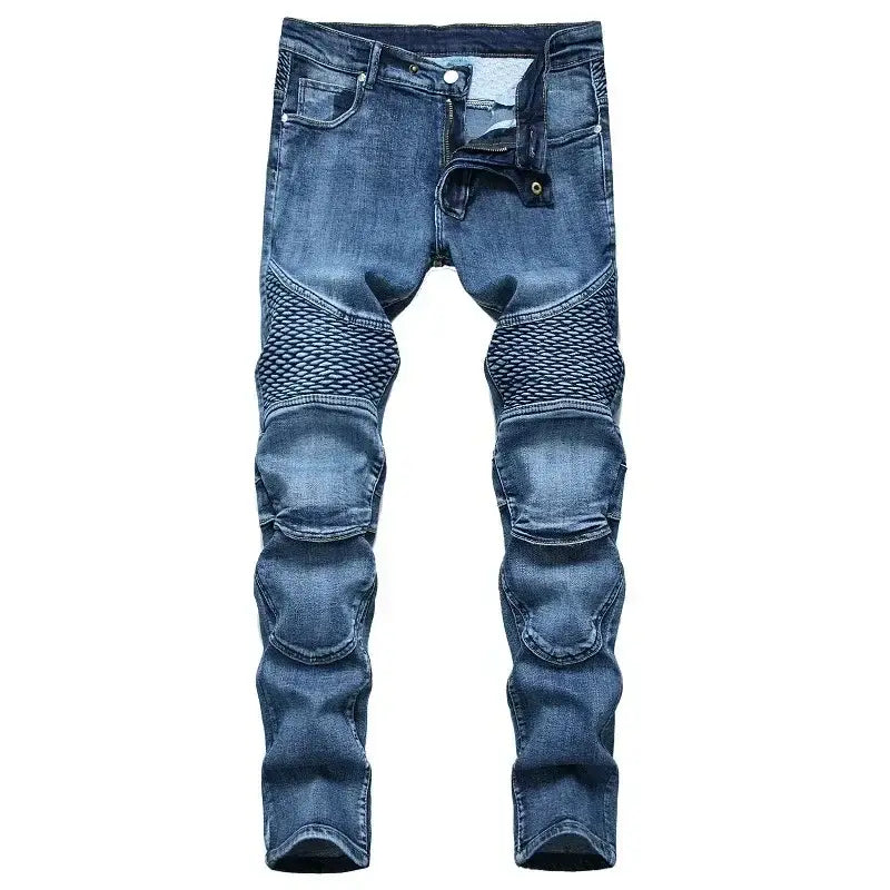 Jeans de moto pour hommes, coupe slim délavée, en denim bleu, avec des panneaux de genoux et de cuisses renforcés à texture.