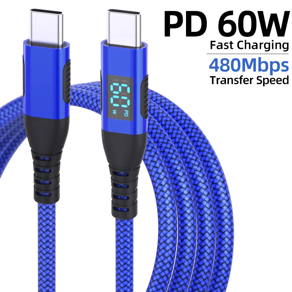 Blue braided led digital display 100w usb c fast charging cable showing pd 60w charging status and supporting data transfer.