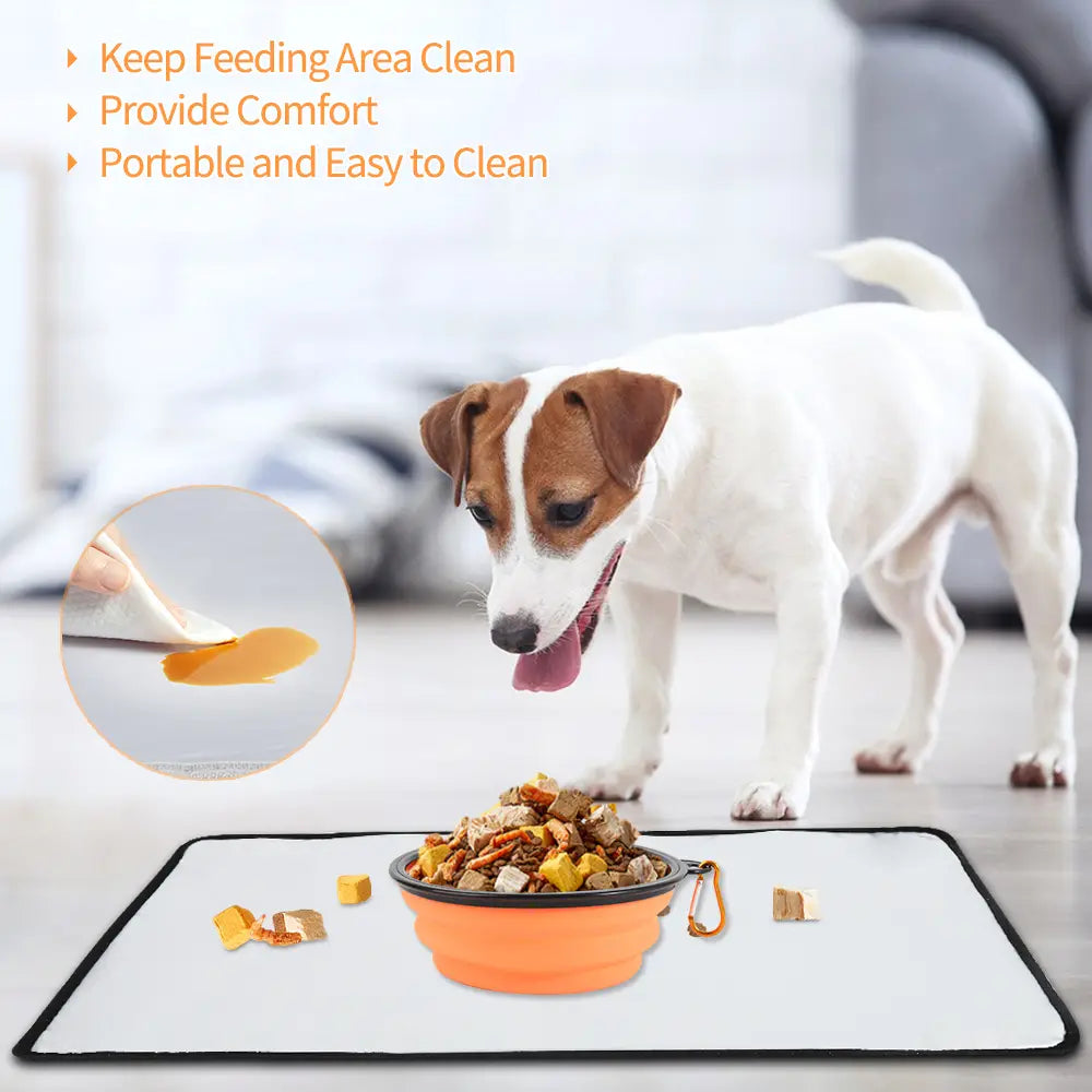 Gamelle pour chien orange pliable en silicone, avec bordure noire et mousqueton fixé, attachée à un sac de voyage pour chien à fermeture éclair, pour un transport pratique.