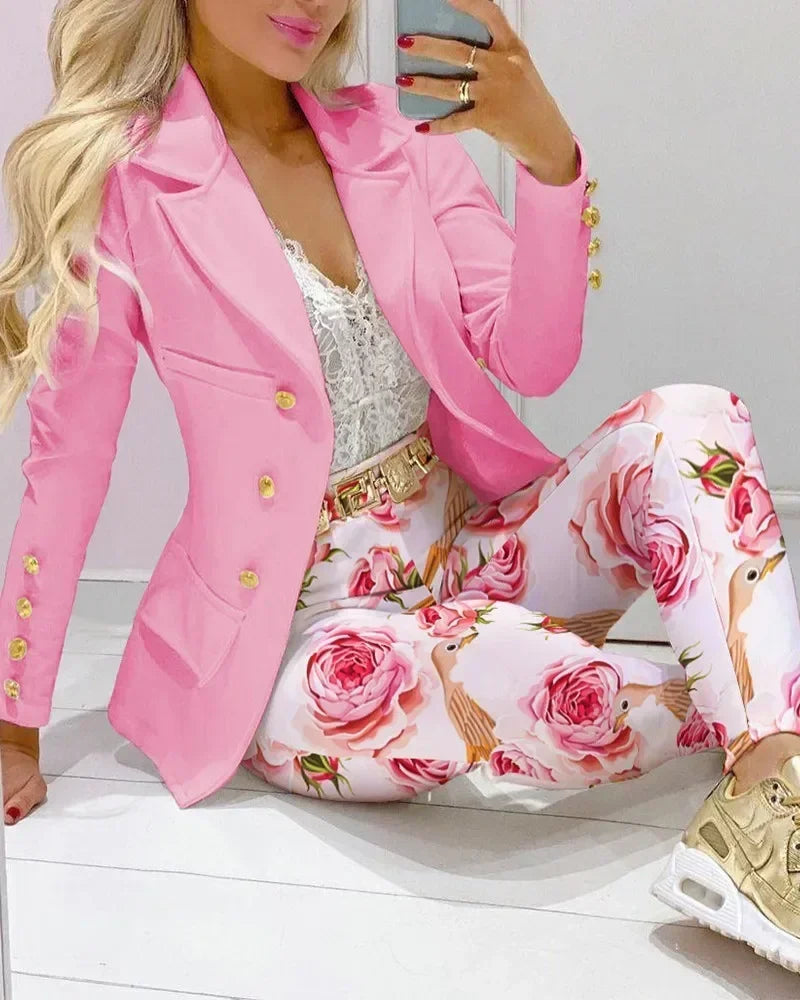 2026 Women Formal Jacket & Trousers Office Lady Outfits Autumn Women Two Pieces Set Print Blazer Coat & Pants Suit Sets Female