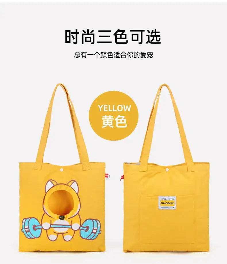 Sac tote en toile jaune vif avec un corgi en dessin animé tenant des haltères, avec un design de visage ouvert, conçu pour les voyages en extérieur et l’usage pour chiot et chat domestiques.