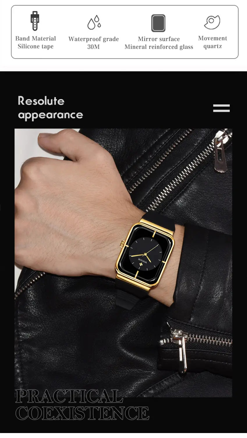 Wwoor gold rectangle quartz watch with a gold-toned rectangular case, black minimalist dial, mineral reinforced glass, and a silicone strap.