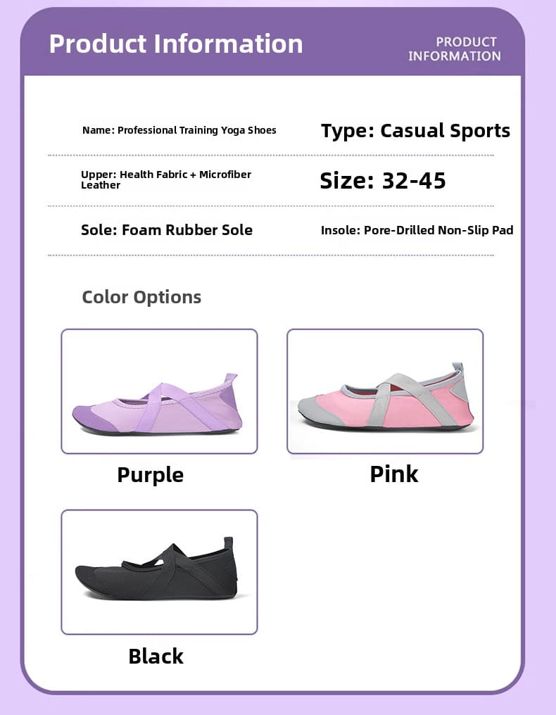 Women yoga shoes anti-slip fitness flats in purple pink and black made of health fabric and microfiber leather with foam rubber soles.