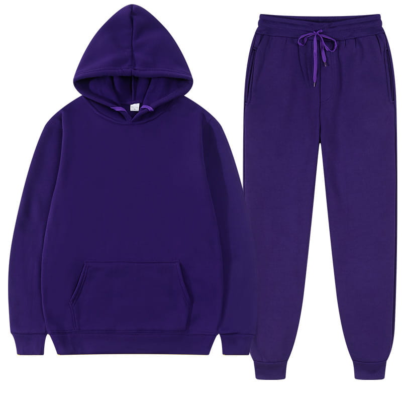 Ensemble décontracté sweat à capuche et jogging en molleton pour homme, violet, comprenant un sweat à capuche et des joggers assortis, fabriqués en molleton doux pour un usage quotidien confortable.