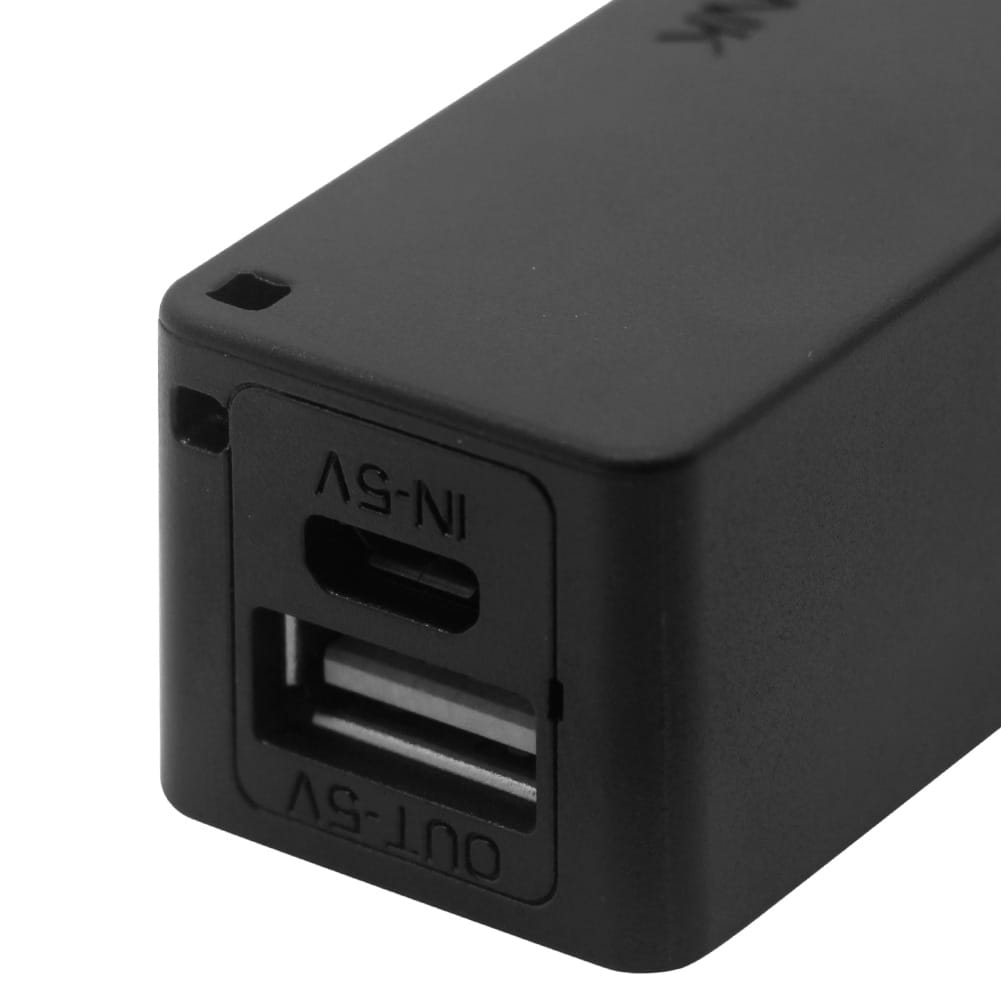 black rectangular portable power bank for 18650 battery with micro usb input port labeled as-ni and usb-a output port labeled as-out for portable power use