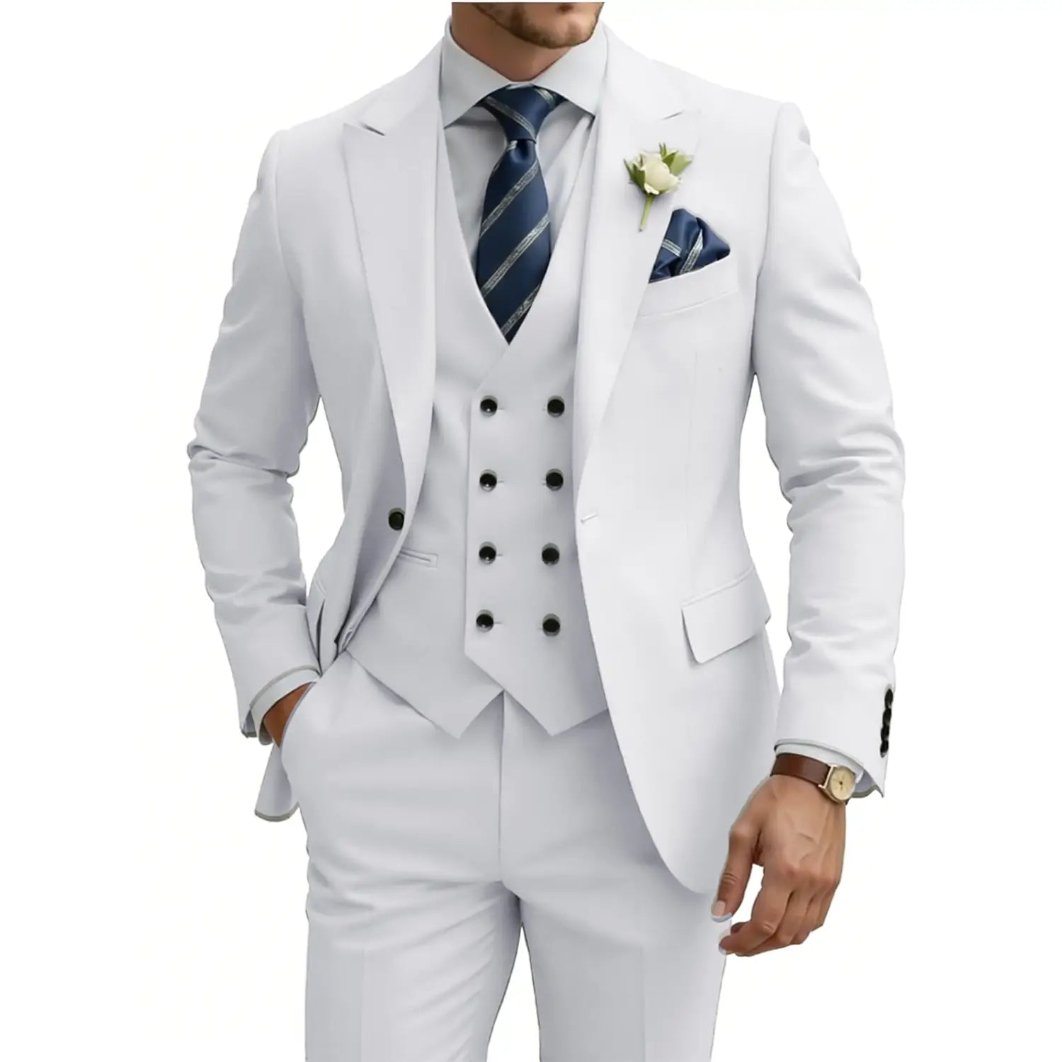 Costume trois pièces beige pour hommes en coupe croisée double boutonnage, avec une veste double boutonnage blanche à boutons noirs et un gilet assorti.