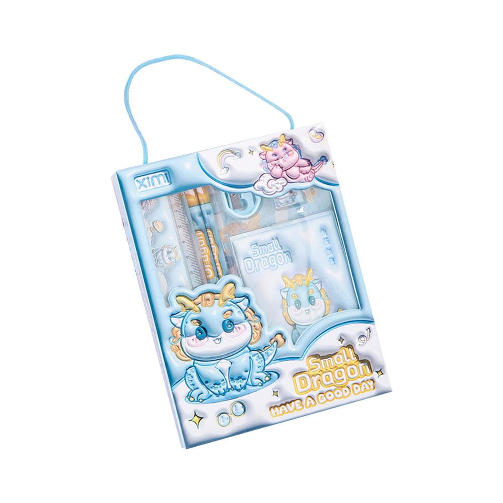 blue and white small dragon themed space theme cartoon kids stationery set in a hanging box with cartoon dragon illustrations