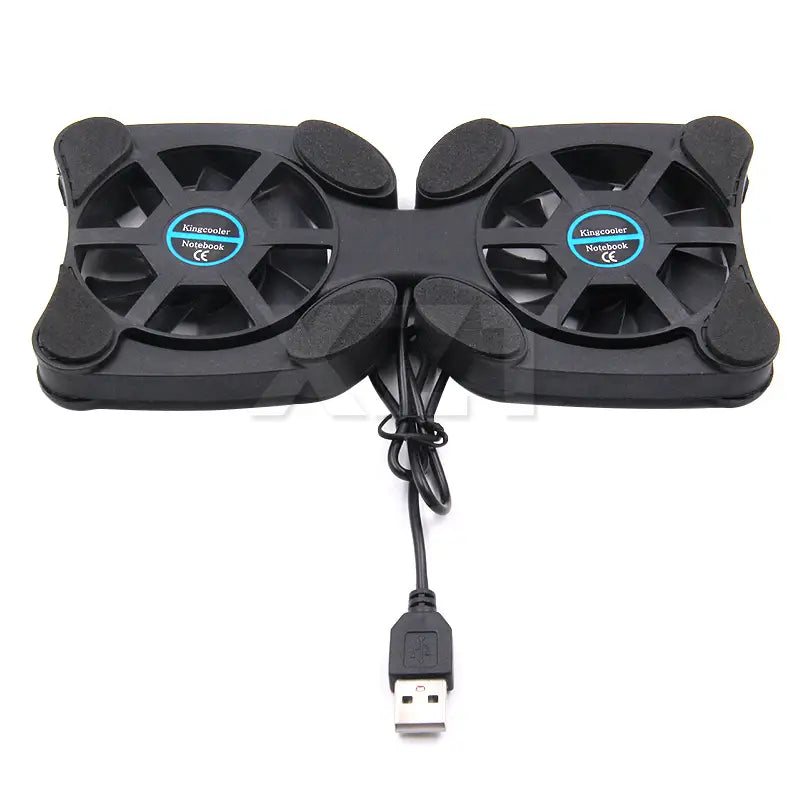 Black dual-fan laptop cooling pad with kingcooler notebook branding and usb cable designed as a portable stand for notebook cooling.