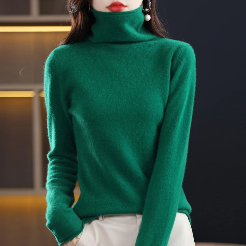 Women 100% Merino Wool Sweater Autumn Winter Fashion Pile Collar Pullover Cashmere Knitwear Casual Long-sleeved Bottoming Tops