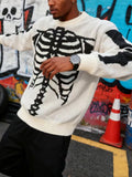 Men Crew Neck Knitted Sweater, Vintage Skeleton Ribcage Jacquard Loose Long Sleeve Gothic Streetwear Pullover Jumper