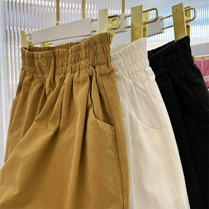 Women Summer Pleated Beach Shorts Girls Plus-Size Loose Wide-Leg Pants Student Five-Point Casual Pants Lady Outdoor Sports Pants