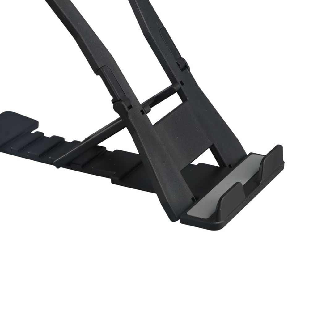 support de tablette pliable en plastique noir avec angle réglable et surfaces de prise texturées pour une utilisation sur bureau dans un produit de support de téléphone et tablette de bureau réglable