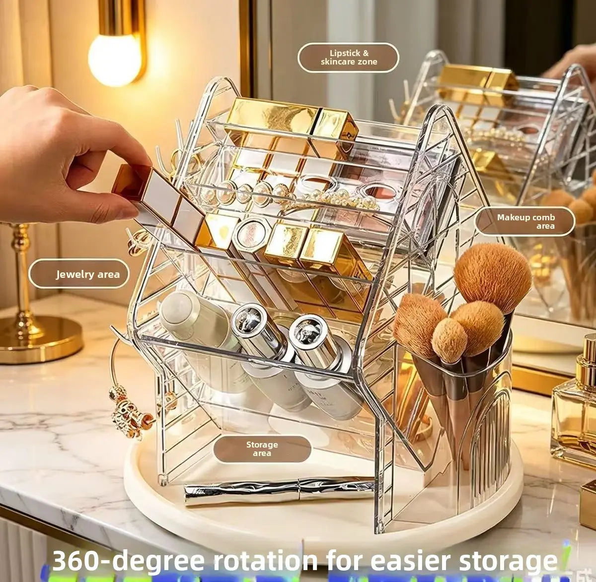 Organisateur de maquillage en acrylique transparent rotatif, au design en forme de maison, doté de plusieurs compartiments pour les rouges à lèvres, les produits de soin, les pinceaux et les bijoux.