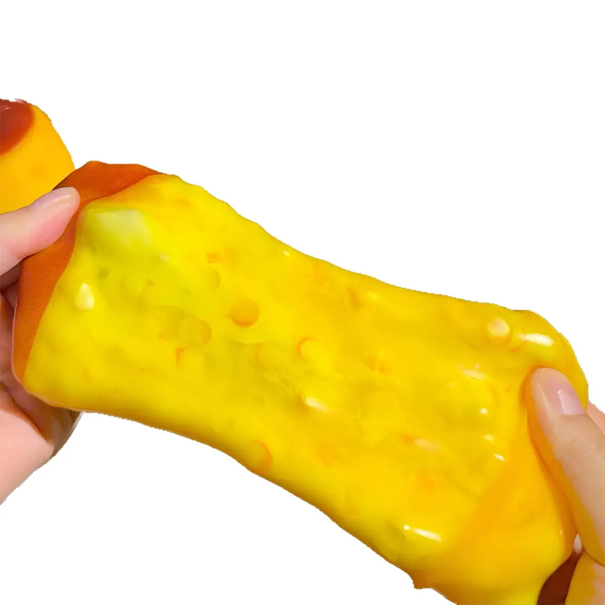 A vibrant yellow stretchy cheese-shaped pudding squishy ASMR stress relief toy with orange edges and small holes mimicking Swiss cheese.