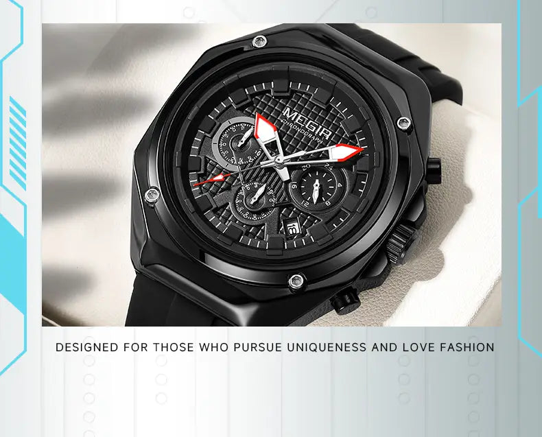Black Megir sport chronograph watch with a rugged angular case, red-accented hands, and a silicone strap designed for active use.
