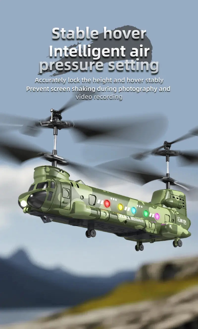Juguete de helicóptero teledirigido de camuflaje verde con múltiples rotores y coloridas luces LED, diseñado para fotografía aérea y para el desarrollo de habilidades.