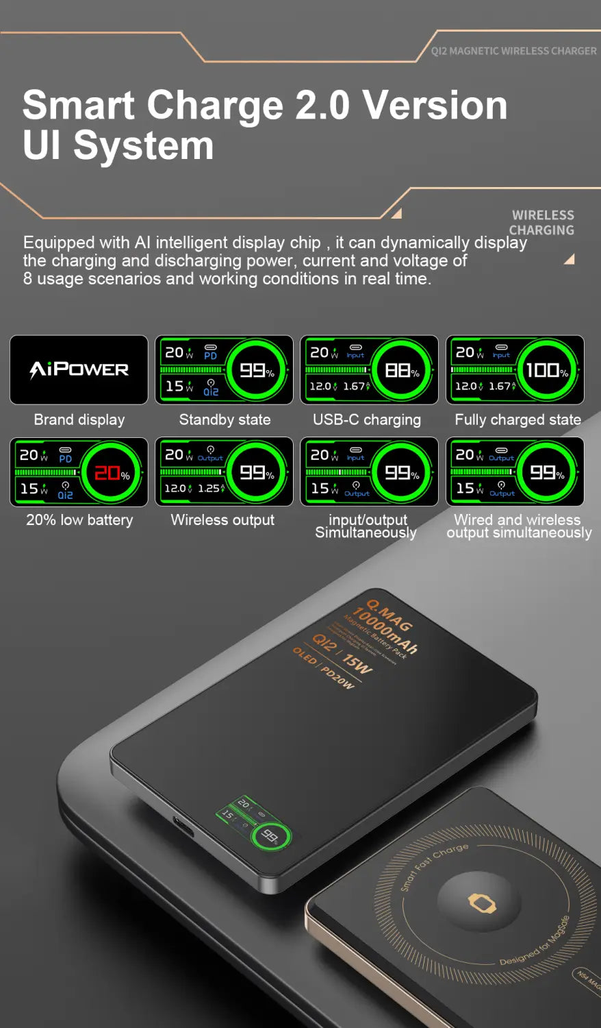 Schwarze rechteckige Qi2-Magnet-Wireless-Powerbank 10000mAh mit schlichter minimalistischer Gestaltung und Digitalanzeige mit Echtzeit-Ladeinformationen.