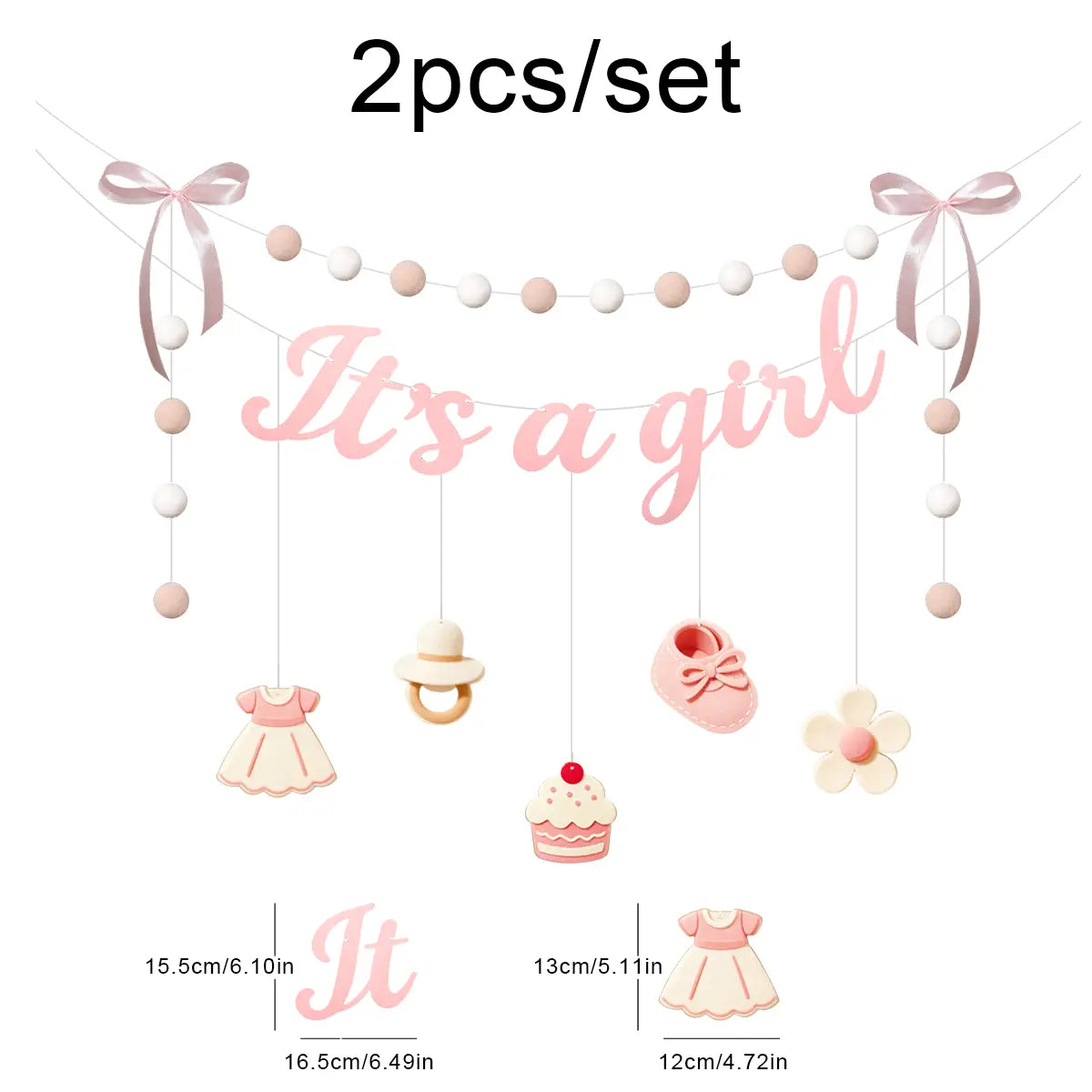 pink baby gender reveal bunting banner with its a girl text and dangling baby-themed decorations for party decoration.