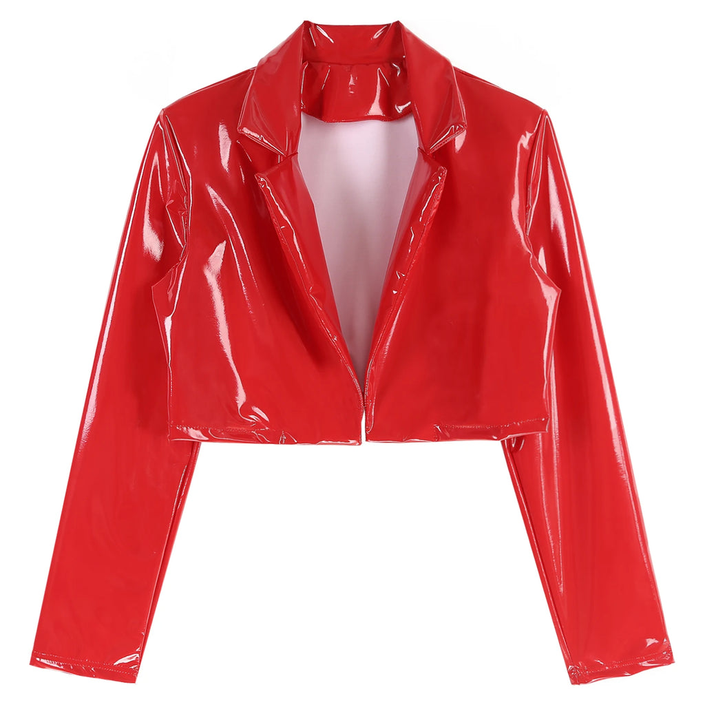Mens Wet Look Long Sleeve Cropped Coat Lapel Patent Leather Jacket Motorcycle Coats Stage Performance Rave Party Costumes