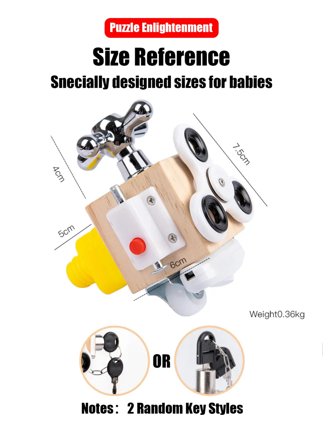 wooden busy board Montessori sensory fidget toy featuring a wooden puzzle cube with chrome faucet handle, white and black circular buttons, yellow rubber piece, and a red front button.