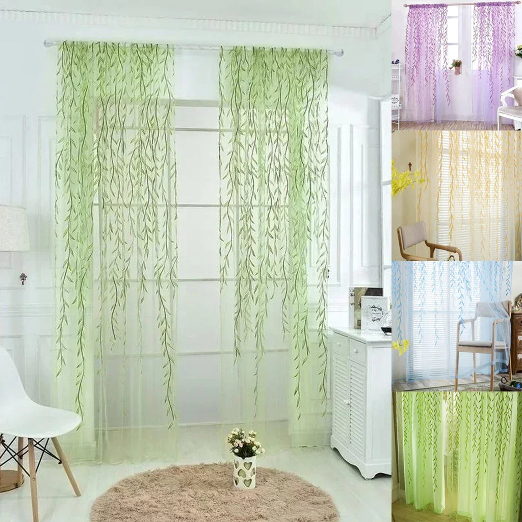 1 panel Elegant Modern Tulle Curtains for Living Room Bedroom Kitchen Green Leaf Sheer Curtains for Window Tulle Curtains Drapes