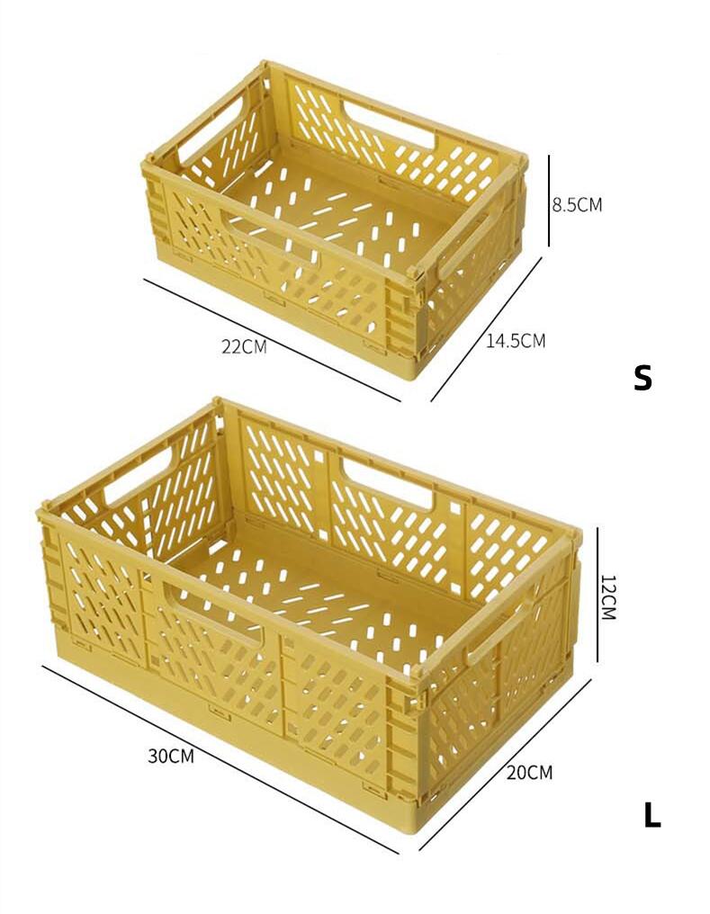 Yellow plastic foldable storage basket with lattice pattern and integrated handles for versatile foldable storage and organizing needs.
