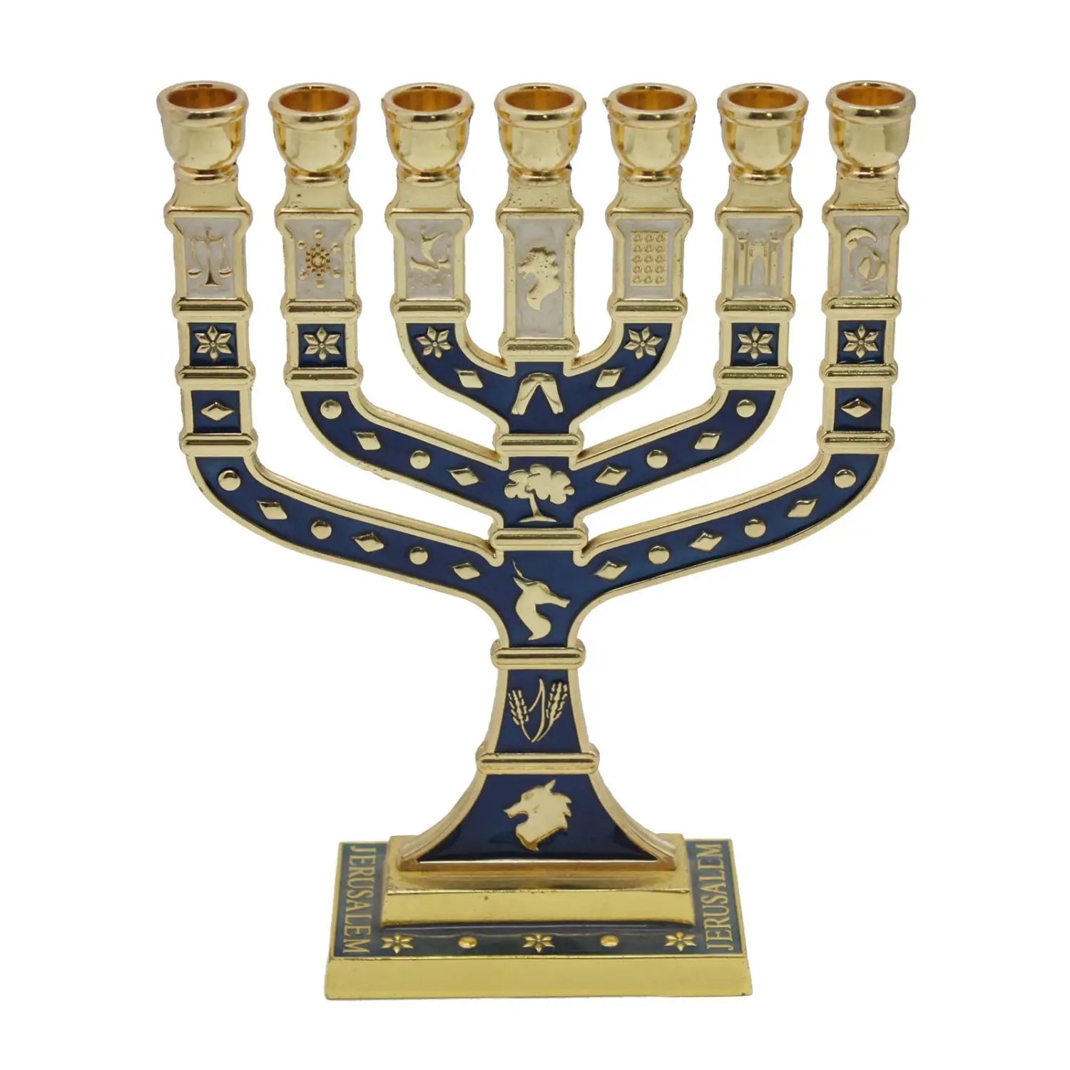 Menorah Candelabrum Ornament with Gold Accents Table Centerpiece Candlestick for Living Room Banquet Christmas Home Decor A gold and blue enamel menorah candelabrum with intricate designs including star of david and hebrew letters is ideal for living room home decor.