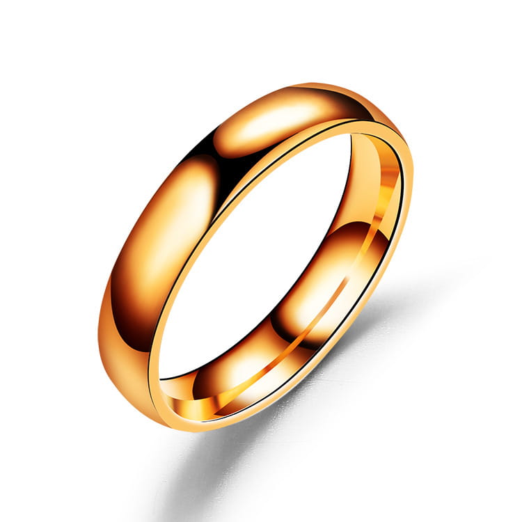 A sleek polished stainless steel wedding band in rose gold with a smooth rounded profile and subtle inner bevel.