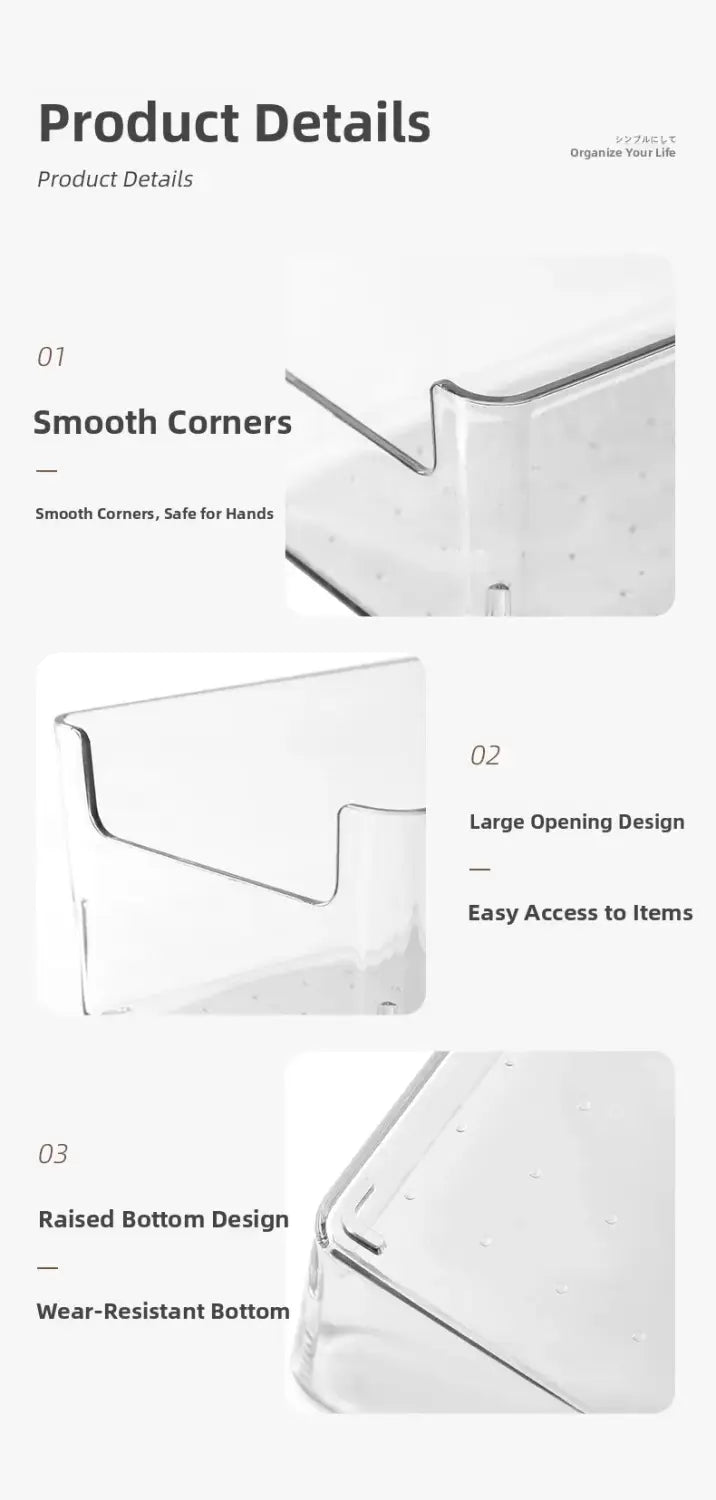Organizador de maquillaje de plástico transparente y recipiente de almacenamiento para cajones con bordes redondeados y lisos, y una abertura amplia para un acceso sencillo