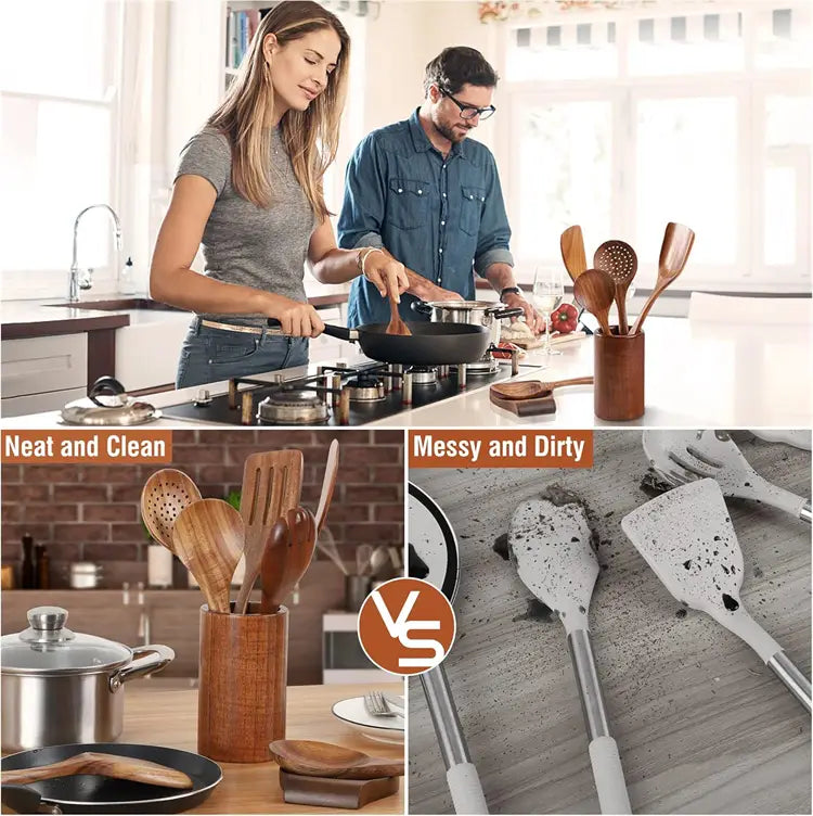 Set of wooden kitchen utensils in a natural wood finish neatly organized in a matching cylindrical holder for cooking tools.