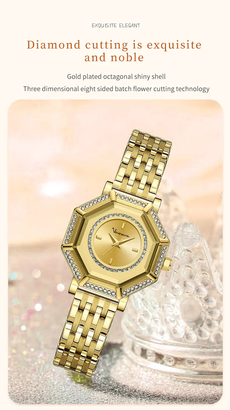 Gold-plated geometric rhinestone quartz watch with an octagonal shape, shiny diamond-cut bezel, and matching stainless steel link bracelet.