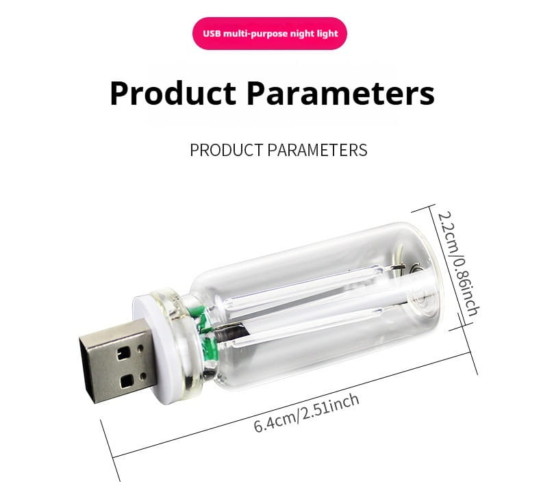 Clear glass usb night light with a metallic connector and internal fluorescent tube design for color changing atmosphere light.