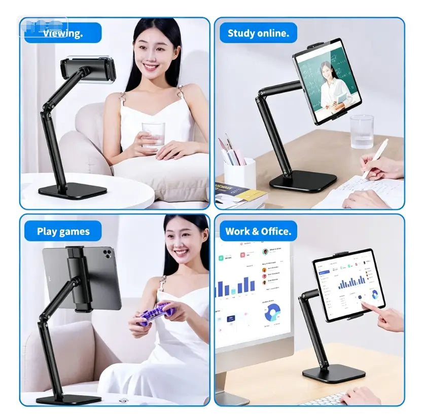 Black adjustable desktop holder with sleek minimalist design and sturdy base providing stable support for inch smartphones.
