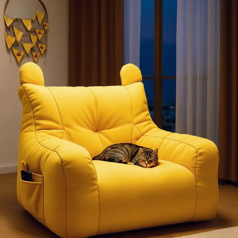 Bright yellow plush cat sofa bed from Mainland China featuring soft fabric and rounded ear-like accents on the back.