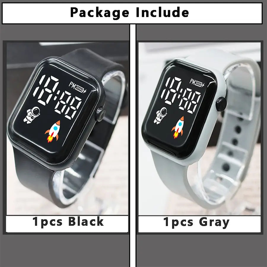 Montre électronique noire et grise pour enfants, avec icônes d’astronaute et de fusée sur affichage numérique sportif LED pour garçons et filles