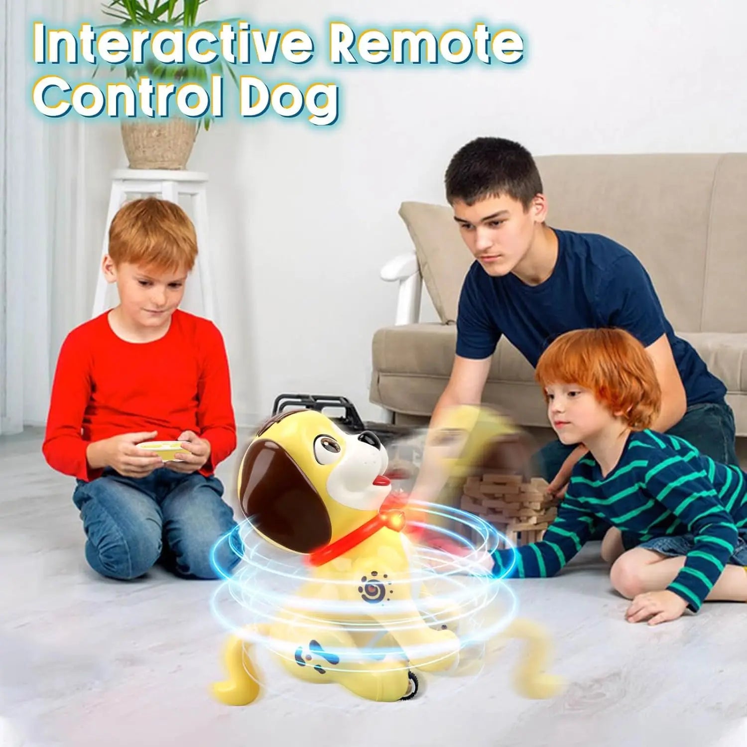 Yellow battery operated remote control dog toy with brown ears red collar and glowing blue circular effects around its body.